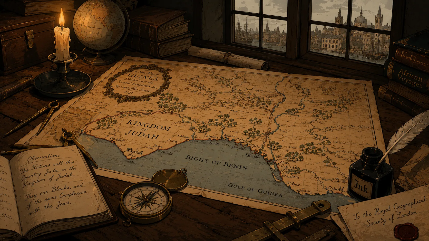 Period cartographer's worktable — map of West Africa open to the Bight of Benin coast, labeled Kingdom of Judah
